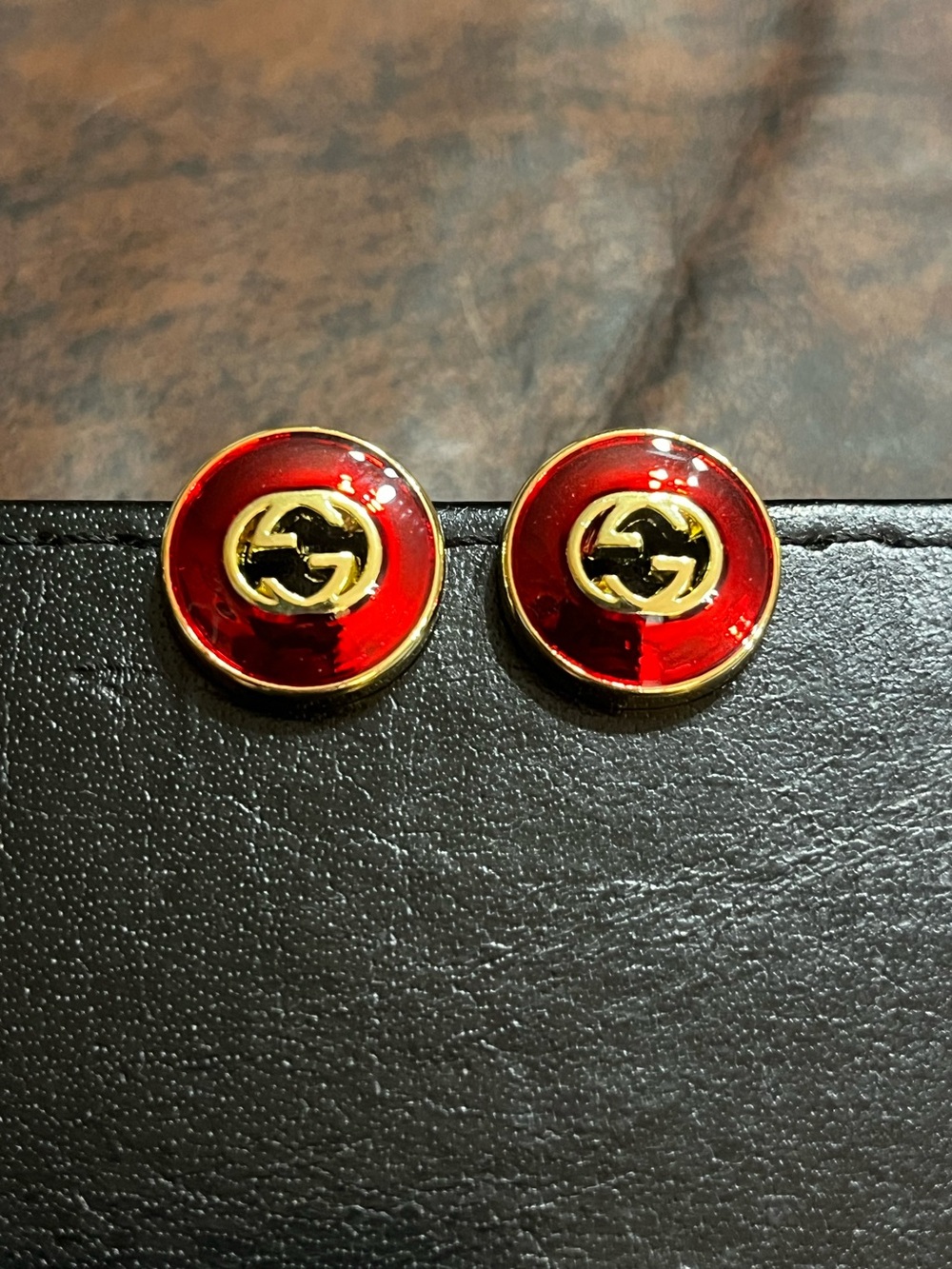 Double G Designer Red Enamel Gold Tone Letter Logo Stud Earrings
